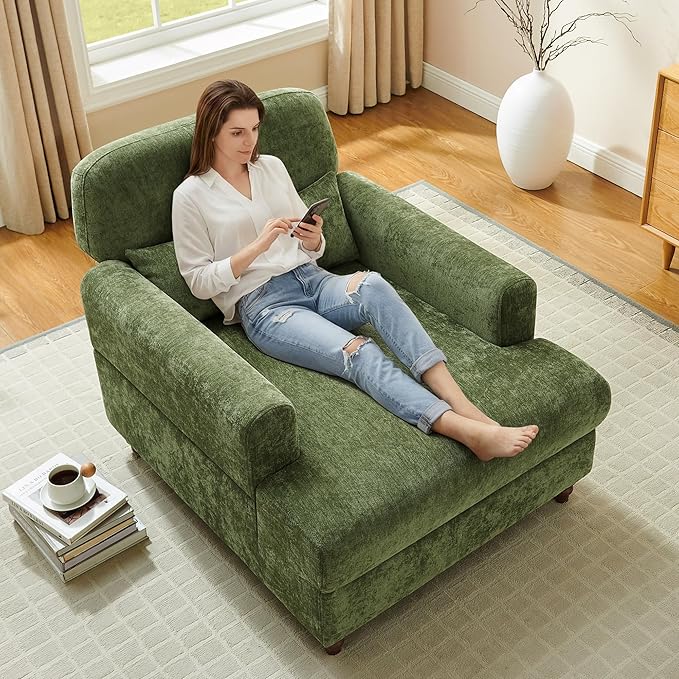 Chaise Lounge Chair Indoor with Adjustable Backrest, Oversized Accent Armchair for Living Room & Bedroom, Upholstered Mid-Century Reading Chair, Comfy Single Sofa Chair, Modern Living Room Chair