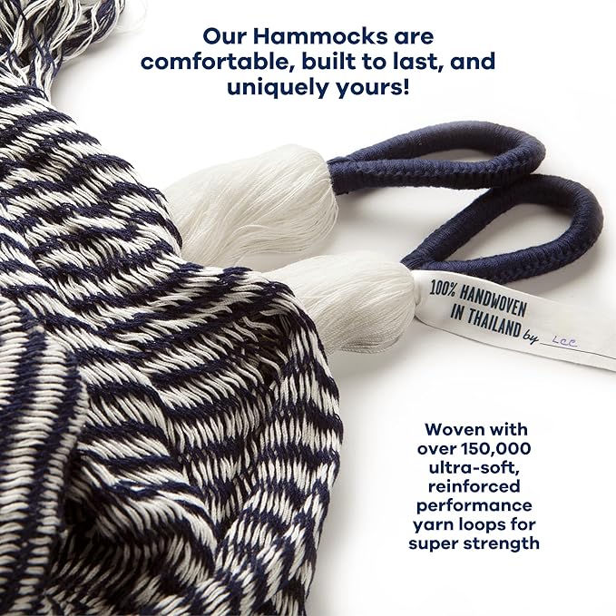 Handwoven Hammock by Yellow Leaf Hammocks - Family Size, Fits 2+ PPL, 550lb max - Weathersafe, Super Strong, Easy to Hang, Ultra Soft, Artisan Made - Color: Stripe Navy Blue - White