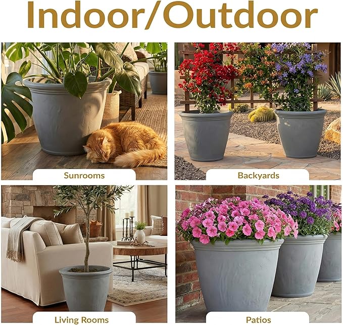 Sunnydaze 24-Inch Anjelica Large Plastic Pot for Plants - Outdoor Double-Walled Large Plastic Planter with Drillable Drainage Holes - Light Gray