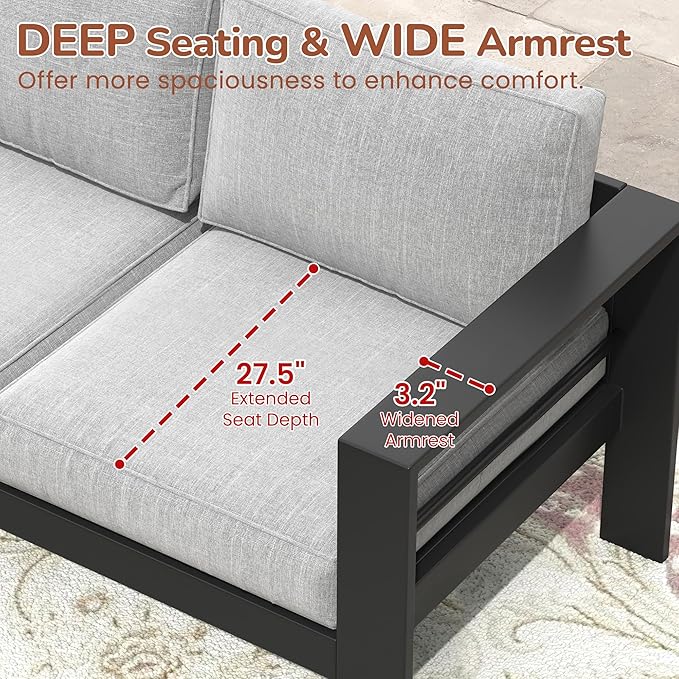 Solaste Aluminum Patio Furniture Set with Fire Pit Table, 4 Piece Metal Outdoor Furniture with Water-Resistant Cushions, Modern Patio Conversation Set for Backyard,Black Frame and Grey Cushion