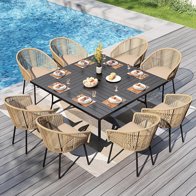 PHI VILLA 9 Piece Outdoor Dining Set for 8, 60" Square Metal Wrought Iron Table with Umbrella Hole & Brown Wicker Chairs with Cushions, Modern Outside Furniture for Patio, Deck, Backyard, Porch