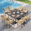PHI VILLA 9 Piece Outdoor Dining Set for 8, 60" Square Metal Wrought Iron Table with Umbrella Hole & Brown Wicker Chairs with Cushions, Modern Outside Furniture for Patio, Deck, Backyard, Porch