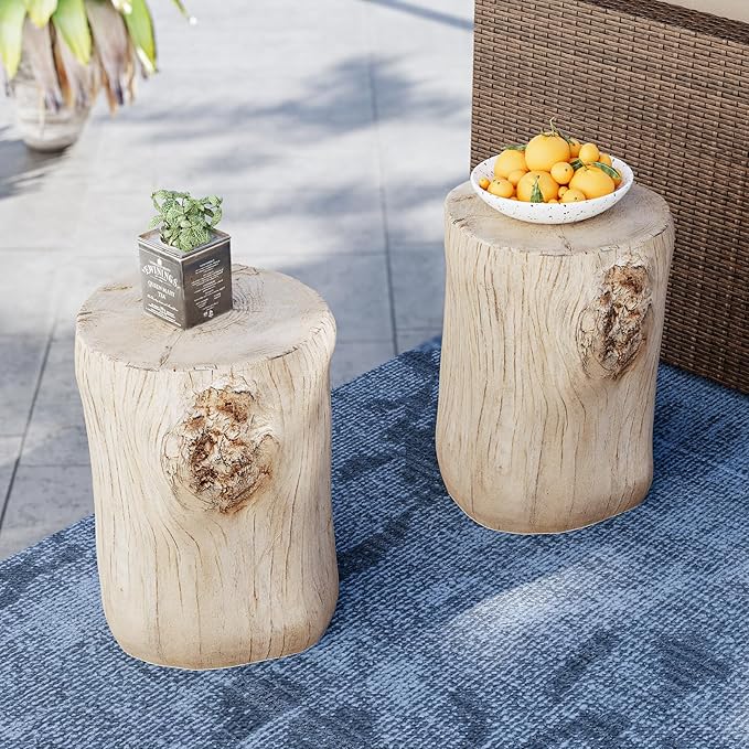 SUNBURY Stump Side Table, Concrete Side Table, Patio Faux Wooden End Table, Beige Stool Plant Stand Holder for Garden Household Living Room­