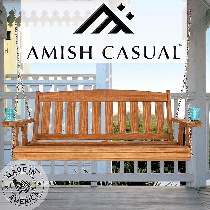 Amish Casual Heavy Duty 800 Lb Mission Treated Porch Swing with Hanging Chains and Cupholders (5 Foot, Cedar Stain)