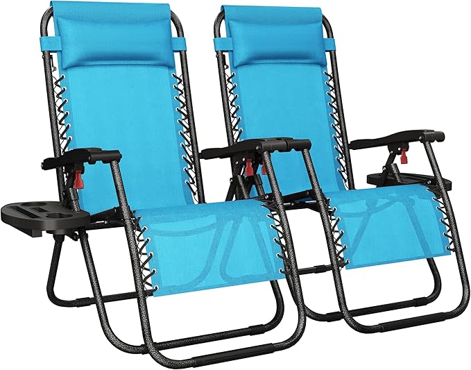 Yaheetech Zero Gravity Recliners Outdoor Adjustable Folding Reclining Lounge Chairs w/Pillows, Cup Holder Trays and Carry Strap for Patio Backyard Beach Light Blue Set of 2