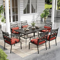 Sophia and William Patio Dining Set for 6, Outdoor Table and Chairs, Removable Red Seat Cushions, 60" Black Patio Dining Table,Red