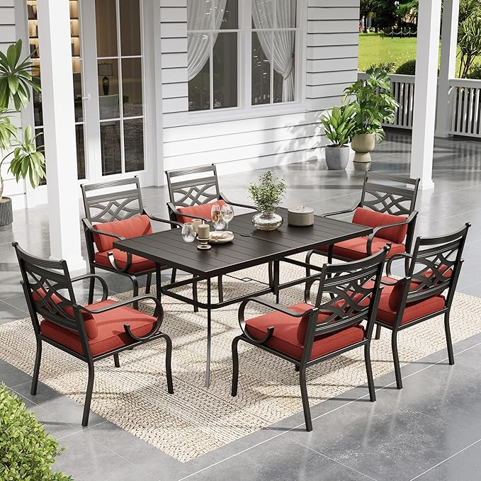 Sophia and William Patio Dining Set for 6, Outdoor Table and Chairs, Removable Red Seat Cushions, 60" Black Patio Dining Table,Red