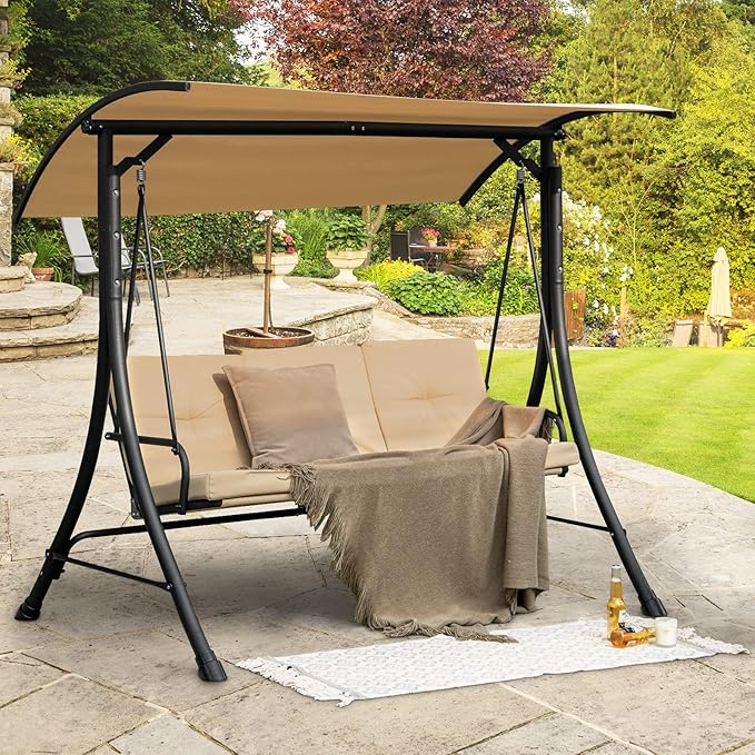 Tangkula 3 Person Porch Swing, Outdoor Swing with Removable Cushions, Solid Steel Structure, Patio Swing with Adjustable Canopy for Garden, Backyard, Balcony, Poolside Beige