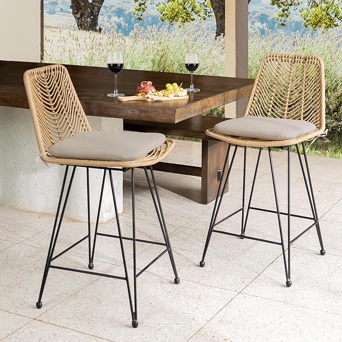IDZO Rattan Counter Height Bar Stools, 36.5" Tall, 400lbs Capacity, Durable Steel Frame, Plush Cushions, Use for Outdoor & Indoor, Ideal for Kitchen Island & Bar, Stylish Bar Stools Set of 2