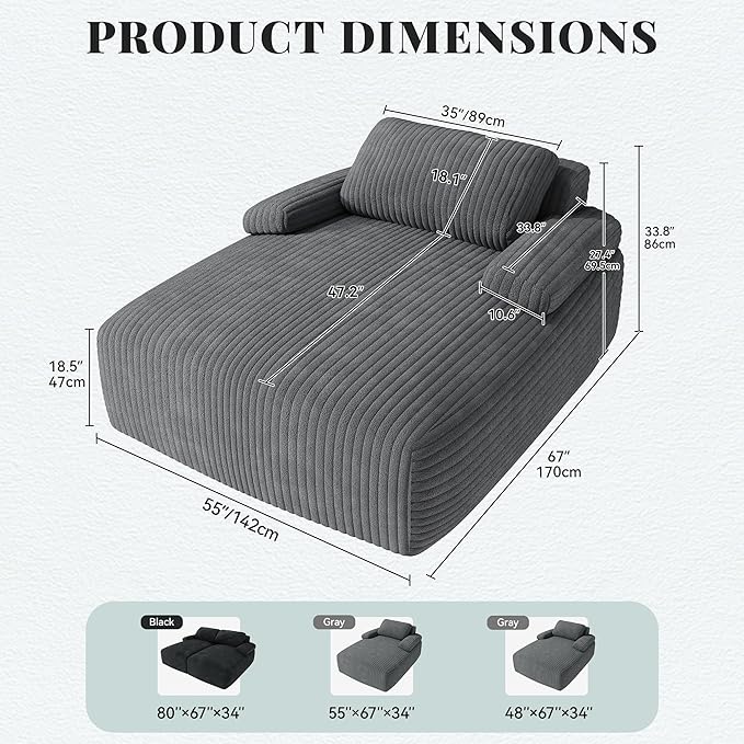 YITAHOME 67"L x 55"W Chaise Lounge Chair Indoor, Oversized Corduroy Upholstered Boneless Sofa Bed, Deep-Seat Sleeper Couch, Reading Chair, Cloud Sofa Couch for Living Room, No Assembly Required, Grey