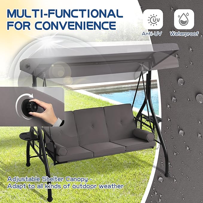 Patio Porch Swings with Adjustable Canopy - 3 Seat Outdoor Porch Swing Glider Bench with Stand, Heavy Duty Swing Bed W/Cushions Pillows and Cup Holder for Backyard Garden Lawn Poolside (Gray)