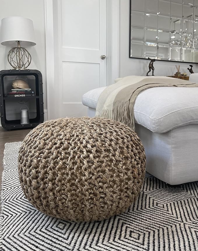 S & L Homes Pouf Ottoman - 100% Natural Jute Braided- Footrest Pouf Hand Knitted - Traditional Cord Boho Pouffe - for The Living Room, Bedroom, Nursery, Patio, Lounge (20" x 20" x 14")