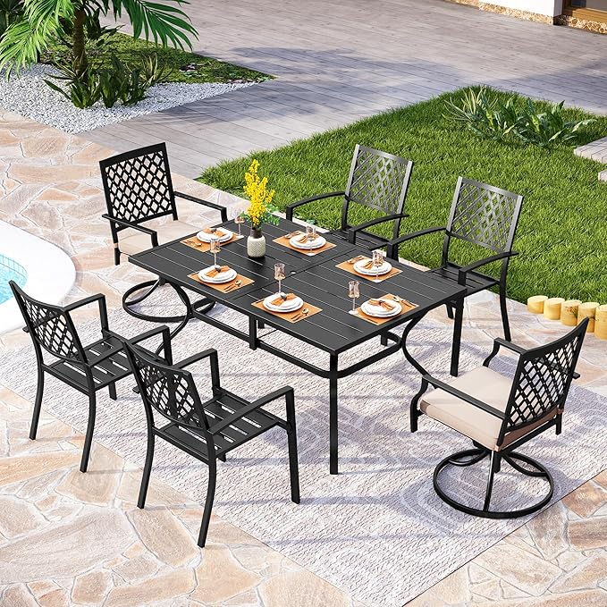 PHI VILLA 7 Pieces Outdoor Dining Set for 6, 60” Rectangular Black Metal Table with Umbrella Hole & Fixed Swivel Chairs Combo, Outside Furniture for Patio, Deck, Backyard, Porch