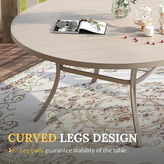 VICLLAX 50" Outdoor Round Patio Table with Umbrella Hole, All Weather Metal Round Outdoor Dining Table for Lawn Garden, 6-8 Person Table, Sandshell