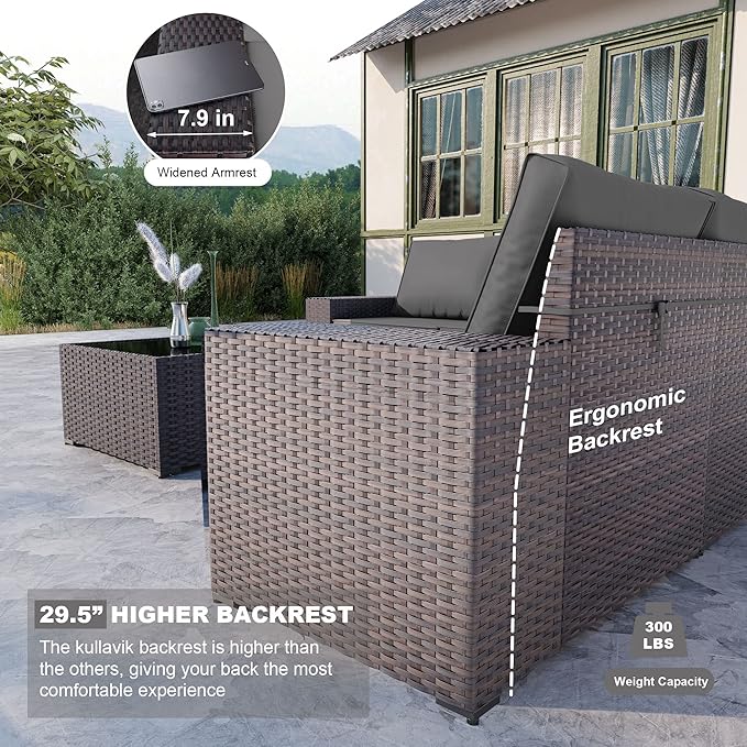 Kullavik Outdoor Patio Furniture Set,12 Pieces Sectional Rattan Sofa Set Brown PE Rattan Wicker Patio Conversation Set with 10 Seat Cushions and 2 Tempered Glass Coffee Table,Grey