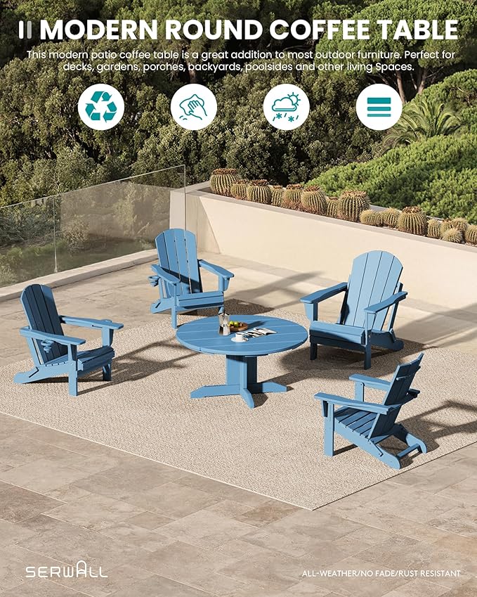 SERWALL Outdoor Round Coffee Table Set, 5-Piece Outdoor Coffee Table and Adirondack Chair with Cup Holders Blue