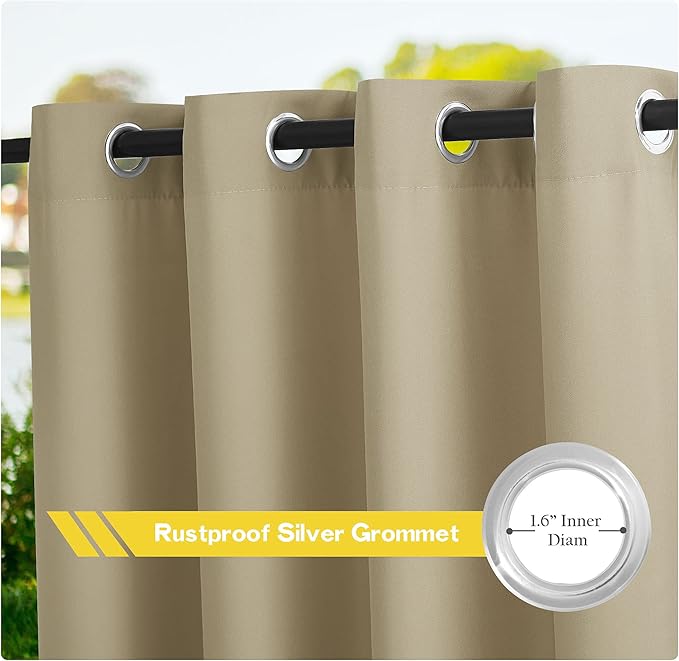 NICETOWN Canvas Patio Curtains for Outdoor Waterproof 2 Panels, Home Fashion Machine Washable Grommet Top & Bottom Fixed Thermal Insulated Privacy Drapes for Balcony/Gazebo, 55" W x 108" L, Taupe