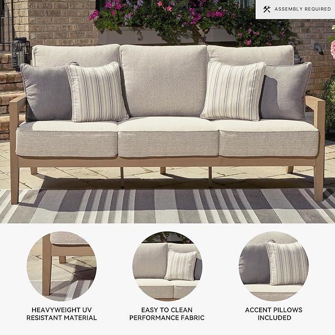 Signature Design by Ashley Hallow Creek Cottage Nuvella Weather Resistant Fabric Outdoor Sofa with Cushion and 4 Throw Pillows, Light Brown & Beige
