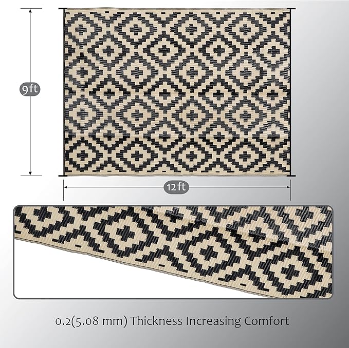 SAND MINE Waterproof Outdoor Rug 9x12 ft, Plastic Reversible Rug, Modern Area Rug, Large Floor Mat for Outdoors, RV, Patio, Backyard, Deck, Picnic, Beach, Camping
