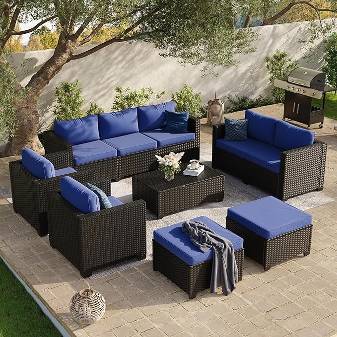 Aoxun 9 Piece Outdoor Patio Furniture Set 8 Seats, Outdoor Sectional with Thick Waterproof Cushions & Storage Coffee Table, Patio Conversation Sets for Garden,Backyard, Porch, Balcony, Deck, Blue