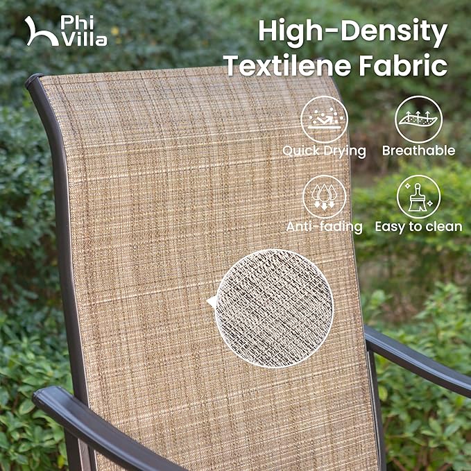 PHI Villa Outdoor Swivel Bar Stools Set of 4, Counter Height Patio Chairs with Waterproof Textile Fabric Brown, Rustproof Metal Frame & Circular Footrest for Poolside, Garden, Yard