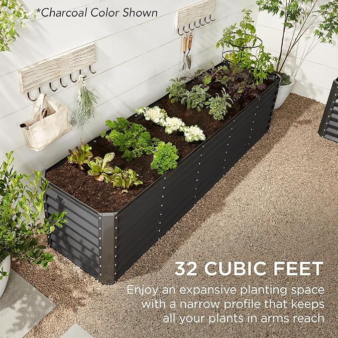 Best Choice Products 8x2x2ft Raised Outdoor Metal Garden Bed, Deep Root Box Planter for Vegetables, Flowers, Herbs, 240 Gallon Capacity, 100% Non Toxic Materials - Dark Brown Wood Grain