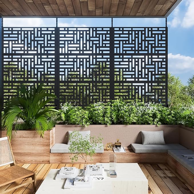 Casaphoria Metal Privacy Screen Outdoor, 72" H x 47" W Freestanding Decorative Privacy Screen for Patio Deck Balcony Garden with Stable Base, Black Helen