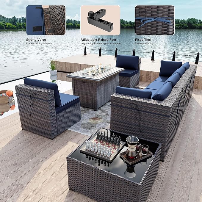 Kullavik 8 Pieces Outdoor Patio Furniture Set,Sectional Sofa Set with 43" 55000 BTU Gas Propane Fire Pit Table,Brown PE Rattan Wicker Patio Conversation Set,Navy Blue