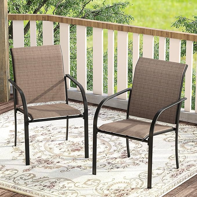 VICLLAX 3 Pieces Patio Dining Set for 2, Outdoor Furniture Set Includes 1 Small Patio Table and 2 Stackable Patio Sling Chairs, Patio Bistro Set for Outsides, Walnut Table and Brown Chairs