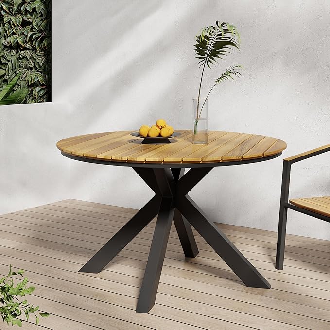 Merax Outdoor Dining Table, 45" Round Teak Acacia Wood Tabletop and Black Metal Leg, Modern Industrial Style Patio Dining Table