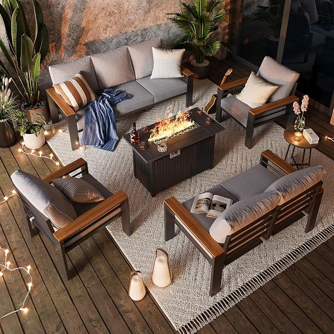 Aoxun Aluminum Outdoor Patio Furniture Set, 8-piece Outdoor Sectional with 44'' Propane Gas Firepit Table, Patio Conversation Sets with Upgraded Armrests and Cushions for Backyard, Garden and Poolside