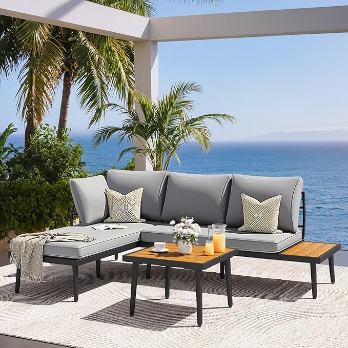Greesum Outdoor Sectional Sofa Set L-Shaped Metal Patio Furniture with All-Weather Cushions and Built-in Side Coffee Table for Garden, Lawn, Backyard, Poolside, Gray