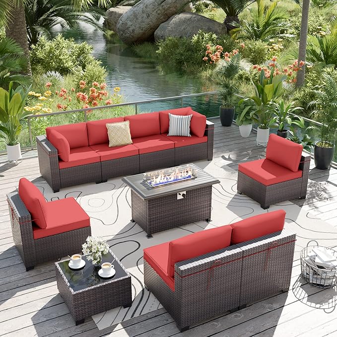 ALAULM 10 Pieces Patio Furniture Set with Propane Fire Pit Table Outdoor Sectional Sofa Sets Patio Furniture 43" Gas Fire Pit Brown PE Rattan Patio Conversation Set w/8 Seat Cushions-Red
