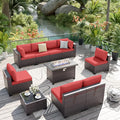 ALAULM 10 Pieces Patio Furniture Set with Propane Fire Pit Table Outdoor Sectional Sofa Sets Patio Furniture 43" Gas Fire Pit Brown PE Rattan Patio Conversation Set w/8 Seat Cushions-Red