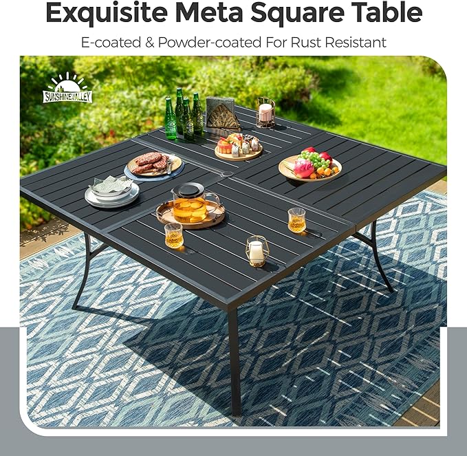 Patio Dining Set for 8, 60" x 60" Square Metal Table with Umbrella Hole, 8 x Stable Dining Chairs, Outdoor Table and Chairs Set for Lawn Backyard and Deck, Red