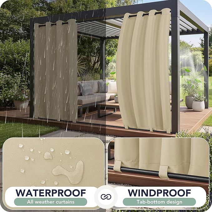Outdoor Curtains for Patio Waterproof 6 Panels - Windproof, Privacy, Weatherproof Outside Drapes for Gazebo Pergola Porch, Grommet Top and Tab Bottom, 54x84 Inch, Cream