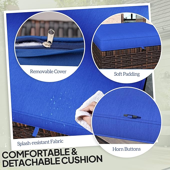 Outsunny 2 Pieces Outdoor Patio Ottomans, All Weather Wicker Outdoor Footstools with Removable Cushions, 3-in-1 PE Rattan Ottoman Seat, Footrest and Side Table for Backyard, Poolside, Dark Blue