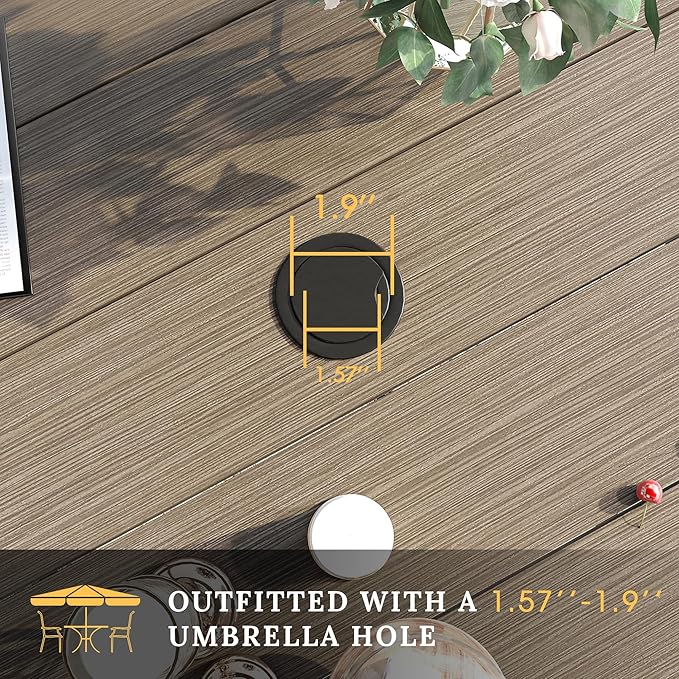 VICLLAX 63" Outdoor Round Patio Table with Umbrella Hole, All Weather Metal Round Outdoor Dining Table for Lawn Garden, 8-10 Person Table, Grey Wood Grain