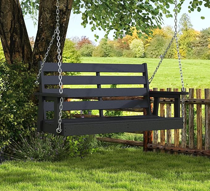 GREENVINES Porch Swing | 51’’ | HDPE Plastic | for Outdoor Patio | All Weather | Waterproof Bench Swings | w/ 4 Stainless Steel Chains | Black