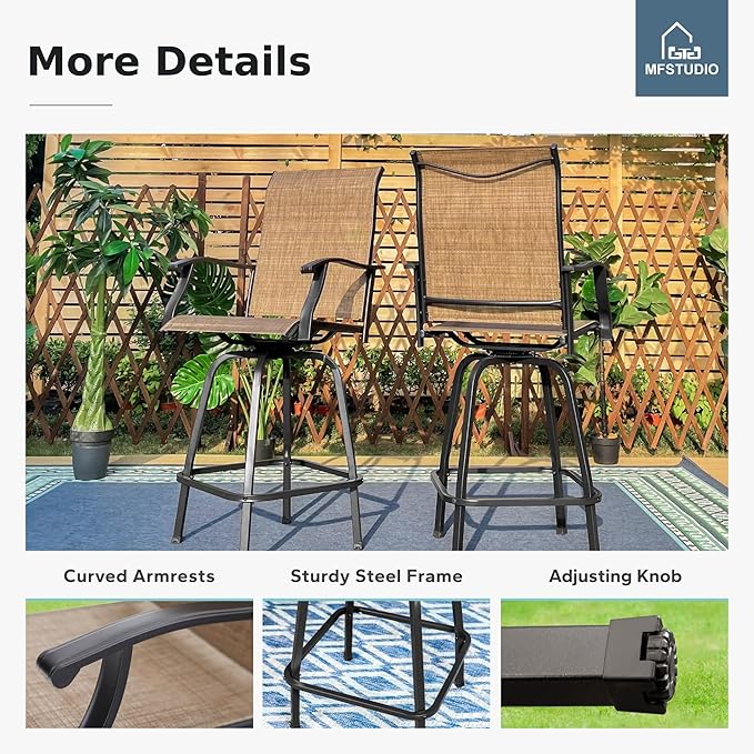 MFSTUDIO 3 Piece Outdoor Swivel Bar Set, Outdoor Bar Table and Chairs Set, Patio High Top Table and Chairs, Tall Bistro Set Patio Bar Height Table and 2 Chairs, Brown