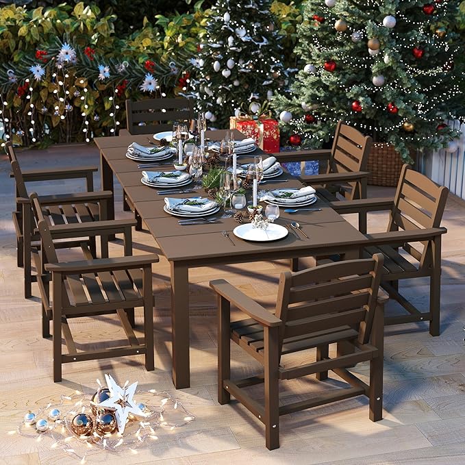 7-Piece Brown Outdoor Dining Set for 6, 75.2'' HDPE Table with Umbrella Hole & Chairs, Weather-Resistant Patio Furniture for Garden, Lawn, or Poolside