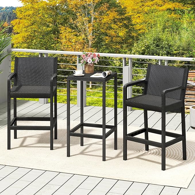 Tangkula 3 Pieces Patio Bar Set, Oudoor Curved Heavy Duty Bar Chairs and Square Table for 2, for Garden, Balcony, Poolside, Black