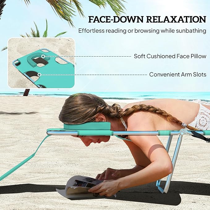 Outsunny Chaise Lounge Chair Outdoor with Face Arm Hole, 5-Position Reclining Face Down Tanning Chair with Carry Strap, Side Pocket, Portable Folding Bed Cot for Patio Beach Pool, Light Green