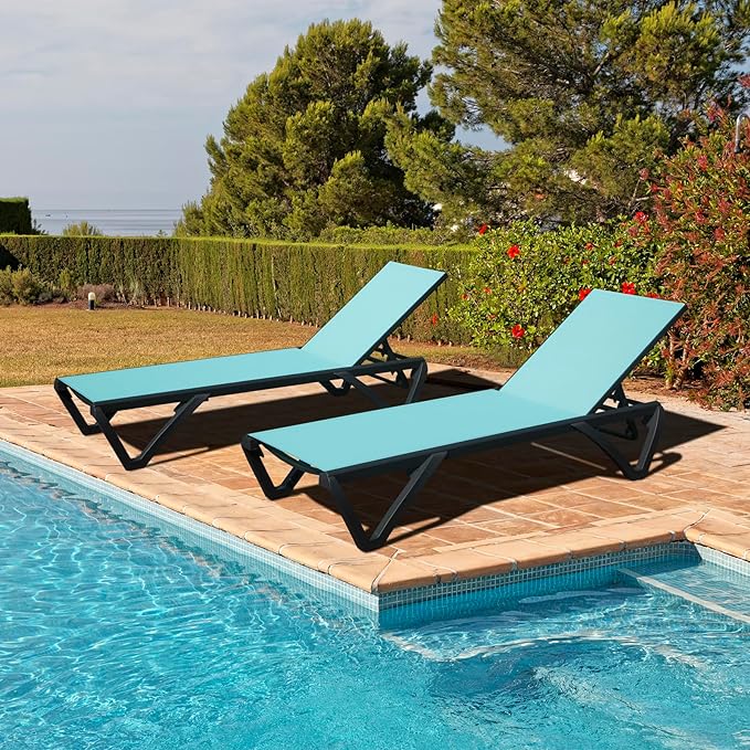 Domi Pool Lounge Chairs Set of 2, Aluminum Adjustable Outdoor Chaise Lounge with Wheels, All Weather Poolside Chairs for Deck Lawn Patio Backyard, Textilene - Turquoise Blue
