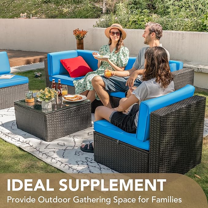 Devoko Patio Furniture Sets 6 Pieces Outdoor Sectional Rattan Sofa Manual Weaving Wicker Patio Conversation Set with Glass Table and Cushion (Blue)