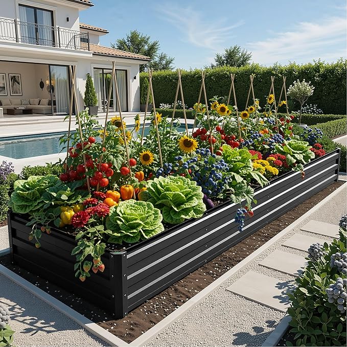 YITAHOME 4pcs 12x4x1 ft Galvanized Raised Garden Bed Kit, Large Metal Planter Box with Gloves, Safety Rubber & Support Rod, Outdoor Flower Bed for Plants Vegetables, Black