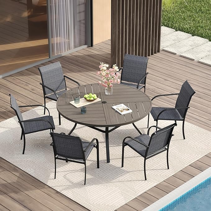 VICLLAX Patio Table and Chair Set of 6, All Weather Metal Round Outdoor Dining Furniture Set-47 Round Outdoor Table and Chairs, Grey Wood Grain Tabletop