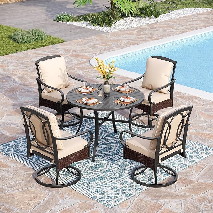PHI VILLA 5-Piece Outdoor Dining Sets, All-Weather Patio Table and Chairs Set for 4, Heavy Duty Patio Table Set Round for Deck, 4 Extra Large Outdoor Metal Wicker Dining Chairs with Thick Cushions