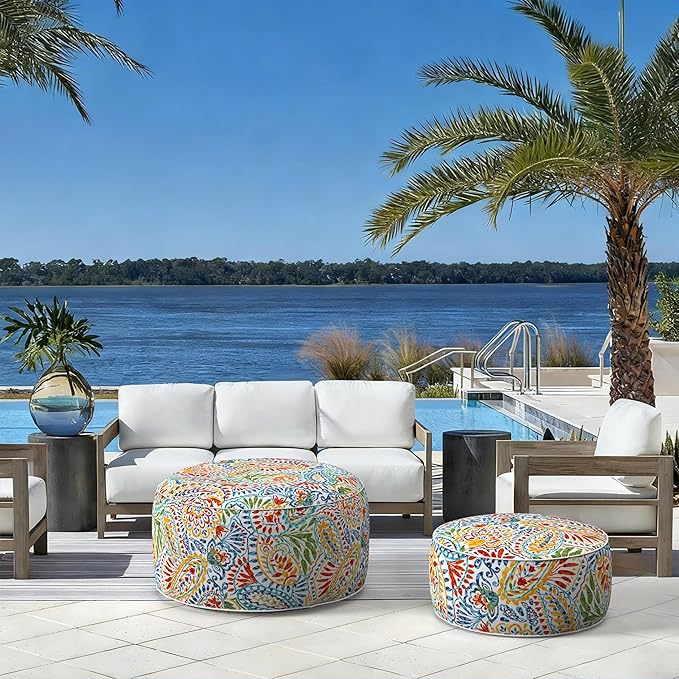 LVTXIII Indoor/Outdoor Inflatable Ottoman with Handle D21 x H9 Inch, Weather-Resistant Round Footstool Pouf for Patio Camping Living Room, Portable Footrest Extra Seating, Paisley Ummi Multi