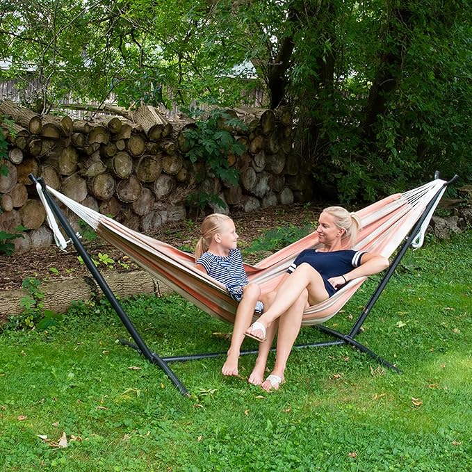 Vivere Double Sunbrella Hammock with Space-Saving Steel Stand, Heavy-Duty Portable Outdoor Hammock Set for Backyard, Patio, or Travel, Cameo